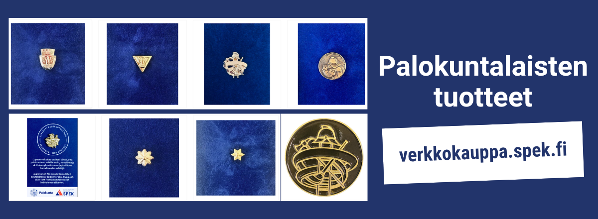 Palokuntalaisten tuotteet verkkokauppa.spek.fi kuvassa erilaisia kunniamerkkej&auml;